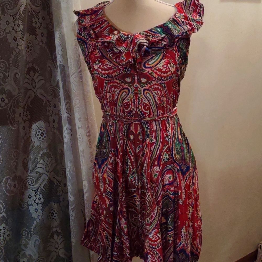 Ralph Lauren Boho Women's Sz M DressRed Paisley Pullover Ruffle Neck Sleeveless